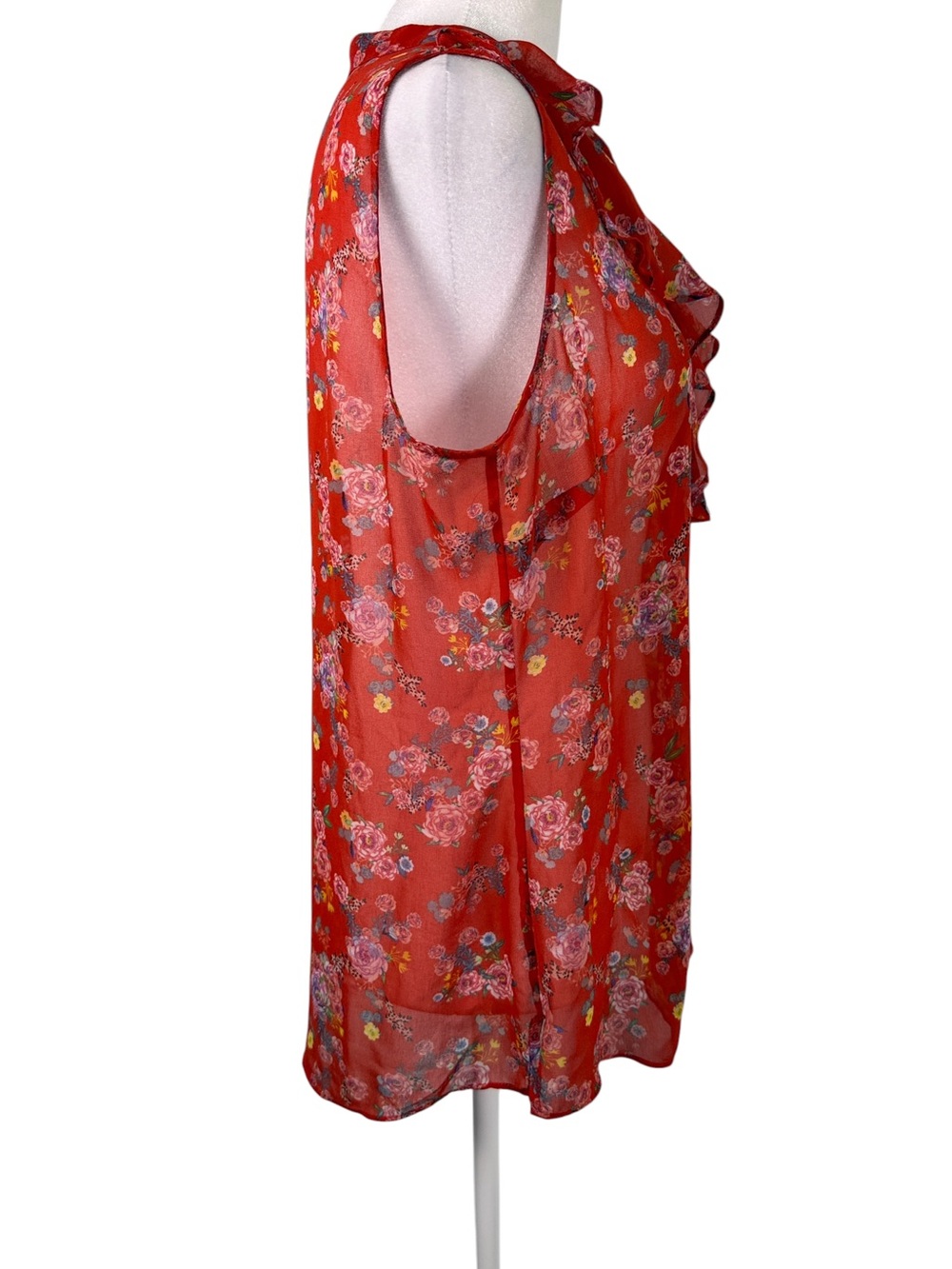 Cabi Red Floral Sheer Ruffle Sleeveless Blouse Top Size M - Picture 4 of 10